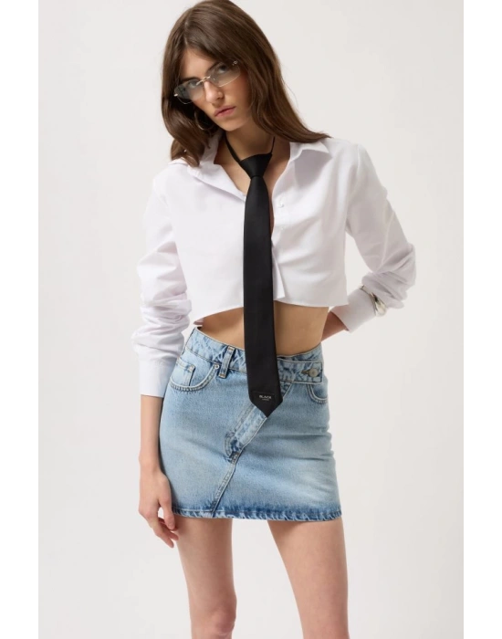 Asimetrik Kemer Denim Mini Etek