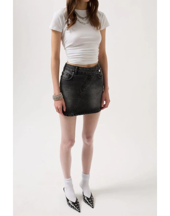 Asimetrik Kemer Denim Mini Etek