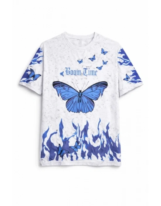 Asit Yıkamalı Oversize Tişört avi Kelebek Baskılı Dijital Print Bisiklet Yaka treetwear Thirt  Beyaz