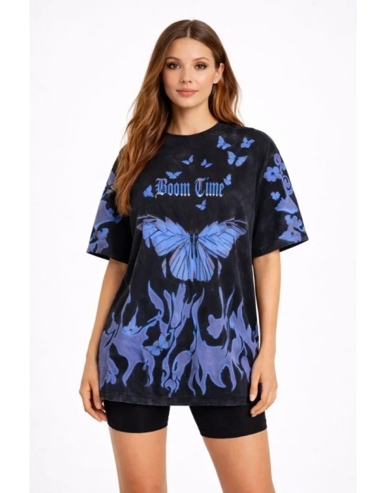 Asit Yıkamalı Oversize Tişört avi Kelebek Baskılı Dijital Print Bisiklet Yaka treetwear Thirt  iyah