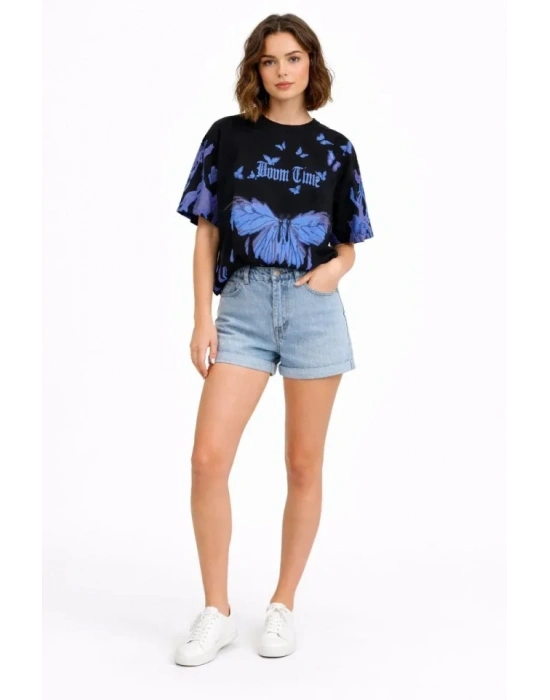 Asit Yıkamalı Oversize Tişört avi Kelebek Baskılı Dijital Print Bisiklet Yaka treetwear Thirt  iyah