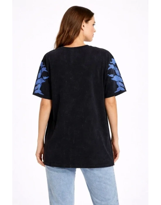 Asit Yıkamalı Oversize Tişört avi Kelebek Baskılı Dijital Print Bisiklet Yaka treetwear Thirt  iyah