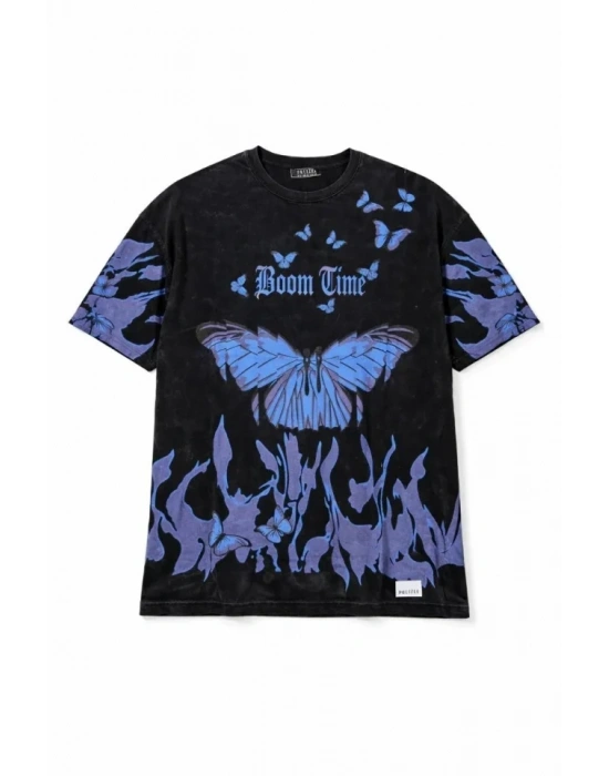 Asit Yıkamalı Oversize Tişört avi Kelebek Baskılı Dijital Print Bisiklet Yaka treetwear Thirt  iyah