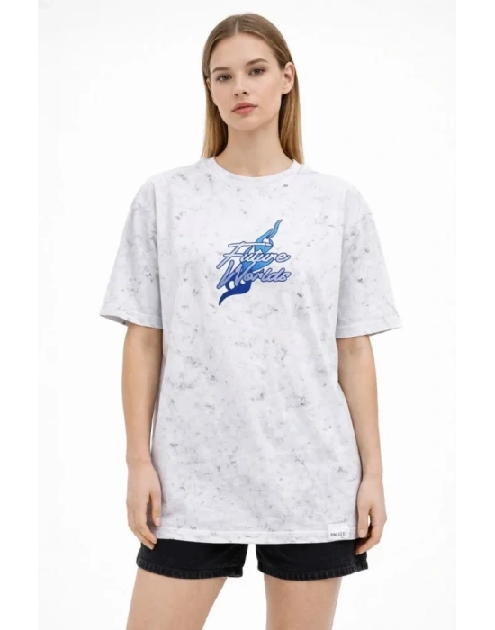 Asit Yıkamalı Oversize Tişört Future Worlds Baskılı Bisiklet Yaka Kısa Kollu treetwear %100 Pamuk treet tyle Thirt  Beyaz