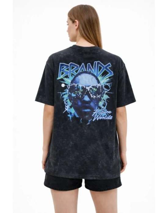 Asit Yıkamalı Oversize Tişört Future Worlds Baskılı Bisiklet Yaka Kısa Kollu treetwear %100 Pamuk treet tyle Thirt  iyah