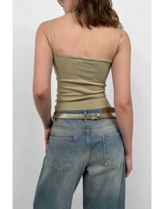 Askı Detay Parlak Triko Bluz