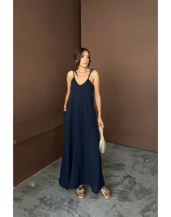 ASKILI UZUN SALAŞ ÜSLİN ELBİSE  Lacivert