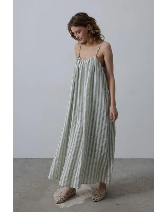 Askılı Çizgi Desen Elbise  Haki