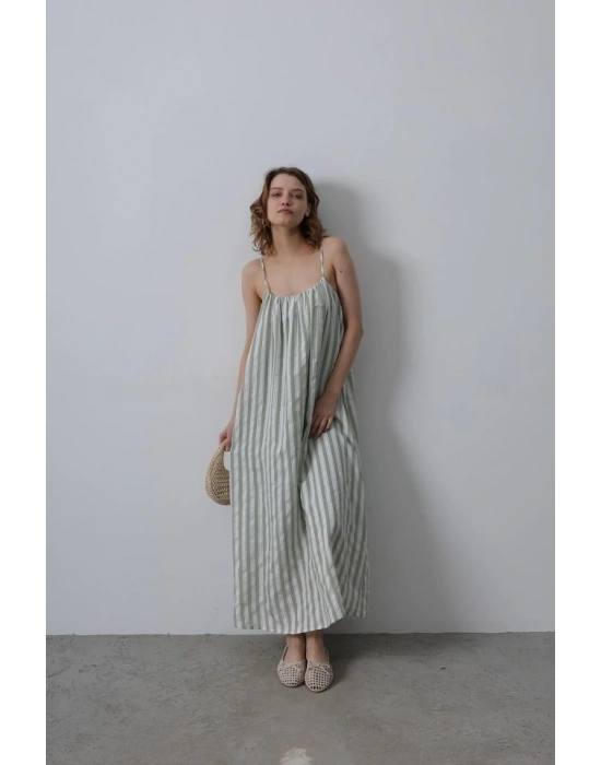 Askılı Çizgi Desen Elbise  Haki