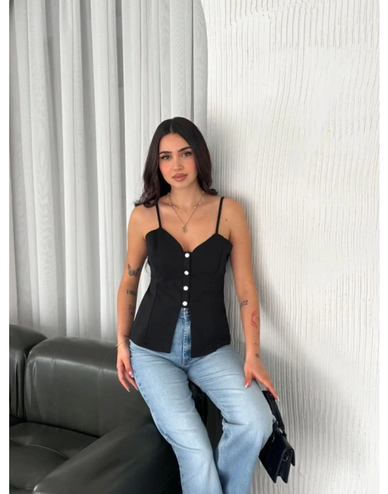 Askılı Dekolte Deraylı Bluz Crop  iyah