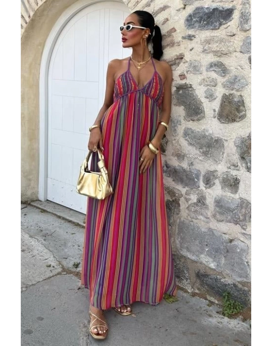 Askılı Pile Detaylı Renkli Maxi Elbise 2748