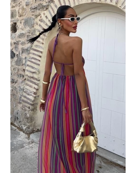 Askılı Pile Detaylı Renkli Maxi Elbise 2748