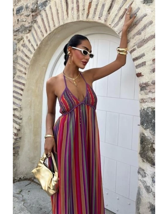 Askılı Pile Detaylı Renkli Maxi Elbise 2748