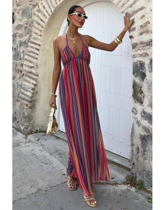 Askılı Pile Detaylı Renkli Maxi Elbise 2748