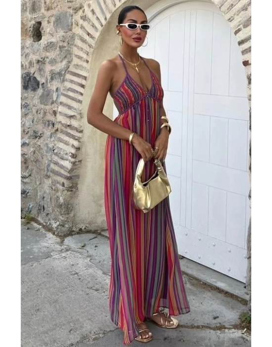 Askılı Pile Detaylı Renkli Maxi Elbise 2748