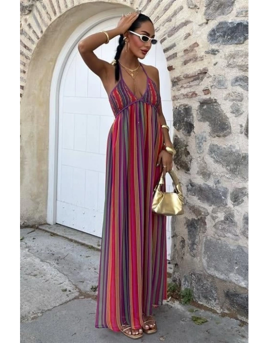 Askılı Pile Detaylı Renkli Maxi Elbise 2748