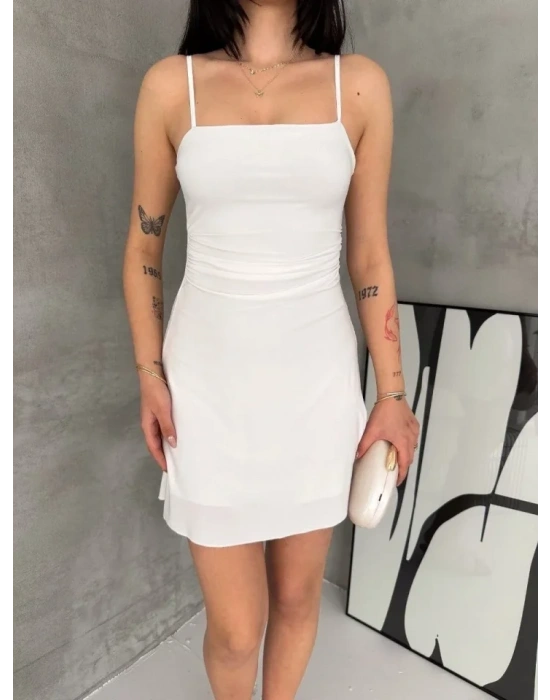 Askılı Şifon ini Elbise Drapeli Bel Vücuda Oturan Yazlık Şık  Beyaz