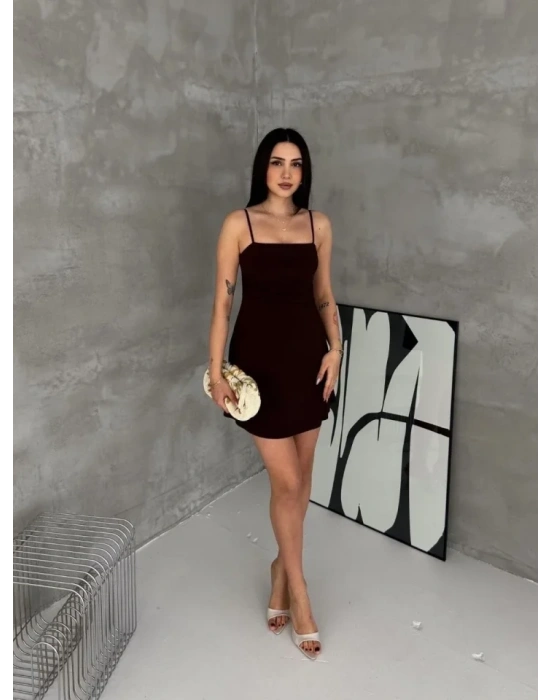 Askılı Şifon ini Elbise Drapeli Bel Vücuda Oturan Yazlık Şık  iyah