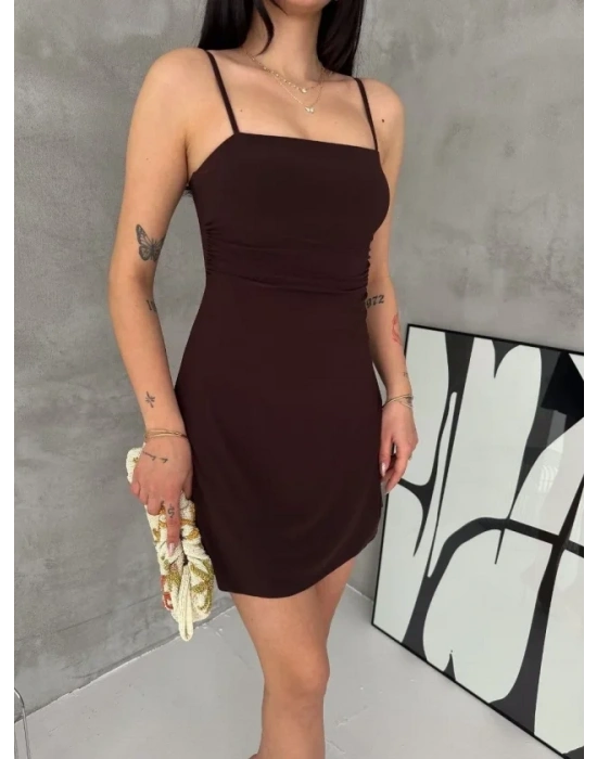 Askılı Şifon ini Elbise Drapeli Bel Vücuda Oturan Yazlık Şık  Kahverengi