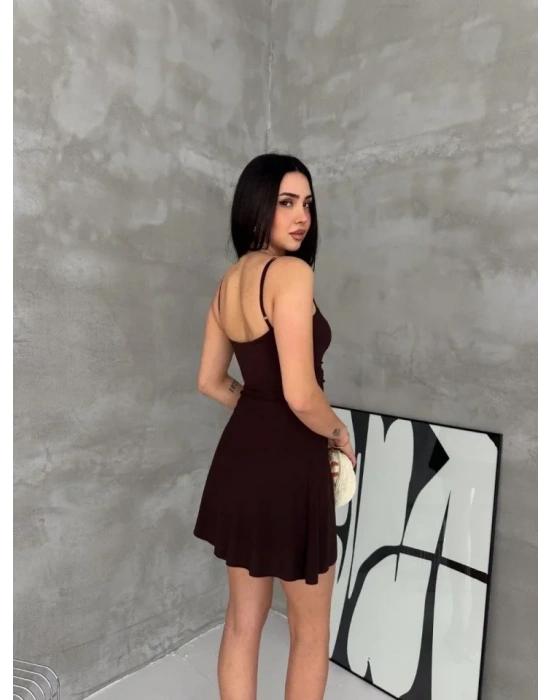 Askılı Şifon ini Elbise Drapeli Bel Vücuda Oturan Yazlık Şık  Kahverengi