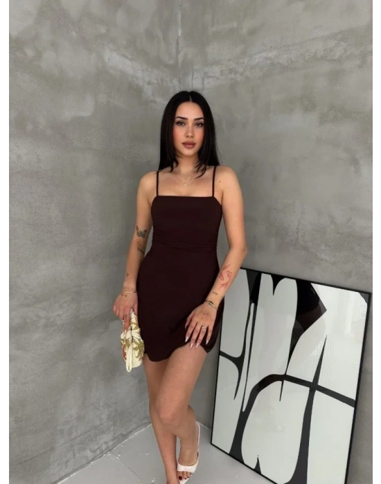 Askılı Şifon ini Elbise Drapeli Bel Vücuda Oturan Yazlık Şık  Kahverengi