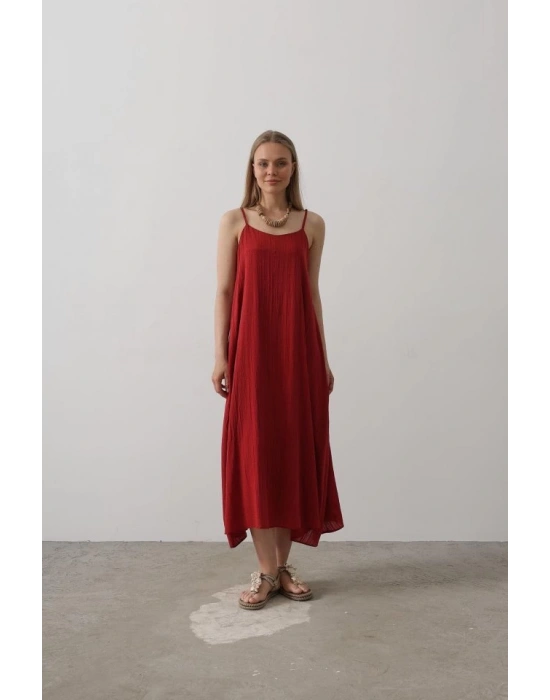 Askılı Uzun Çan Elbise  Bordo