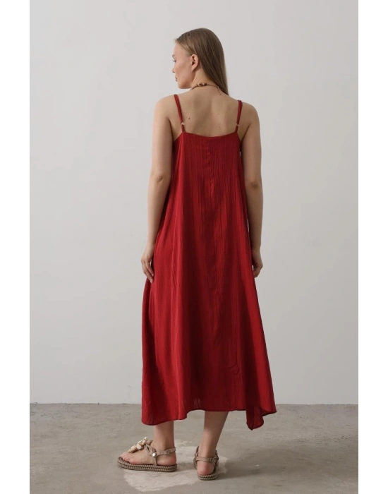 Askılı Uzun Çan Elbise  Bordo