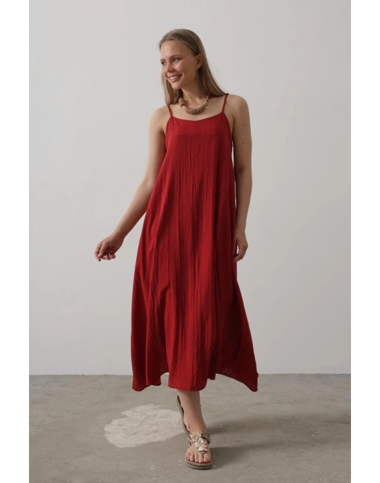 Askılı Uzun Çan Elbise  Bordo