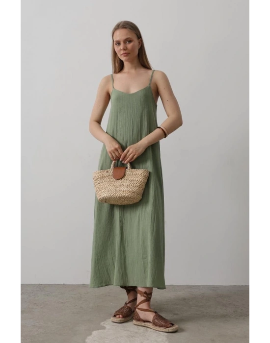 Askılı Uzun Çan Elbise  Haki