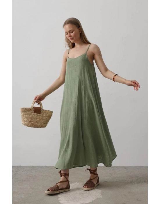 Askılı Uzun Çan Elbise  Haki