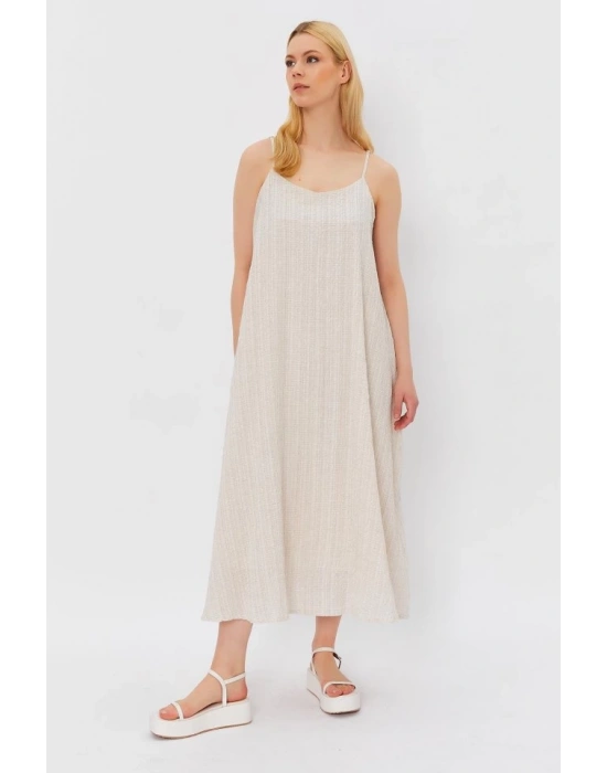 Askılı Uzun Çan Elbise  Natür