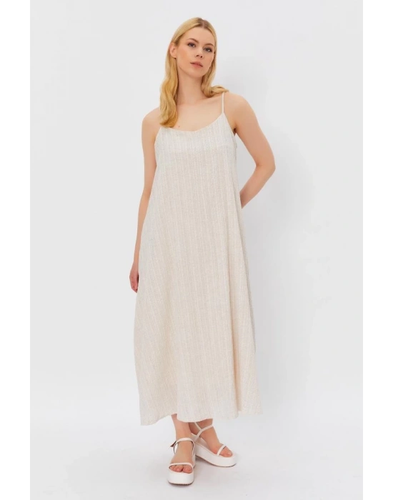 Askılı Uzun Çan Elbise  Natür