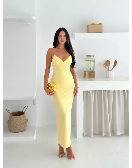 Askılı Uzun Elbise V Yaka Şık Gece Elbisesi Vücuda Oturan  arı