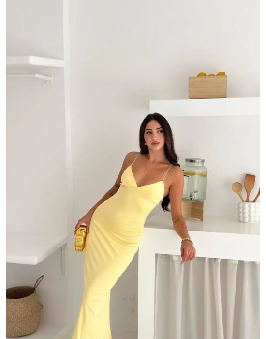 Askılı Uzun Elbise V Yaka Şık Gece Elbisesi Vücuda Oturan  arı