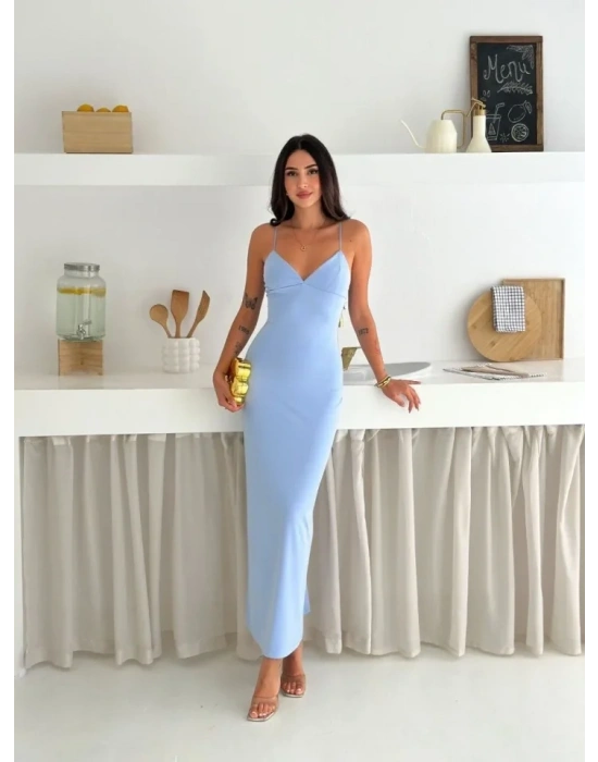 Askılı Uzun Elbise V Yaka Şık Gece Elbisesi Vücuda Oturan  avi