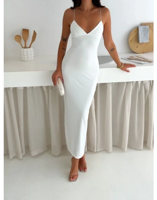 Askılı Uzun Elbise V Yaka Şık Gece Elbisesi Vücuda Oturan  Beyaz