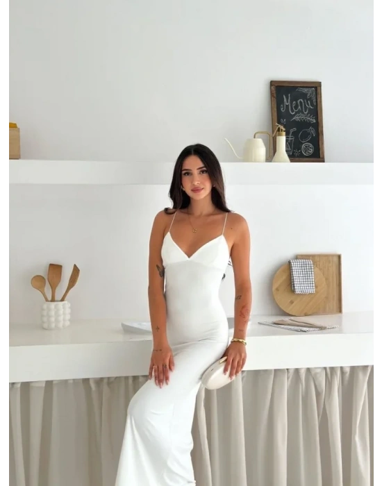 Askılı Uzun Elbise V Yaka Şık Gece Elbisesi Vücuda Oturan  Beyaz