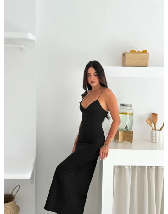 Askılı Uzun Elbise V Yaka Şık Gece Elbisesi Vücuda Oturan  iyah