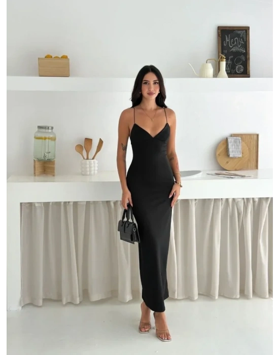 Askılı Uzun Elbise V Yaka Şık Gece Elbisesi Vücuda Oturan  iyah