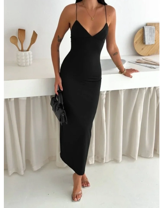 Askılı Uzun Elbise V Yaka Şık Gece Elbisesi Vücuda Oturan  iyah