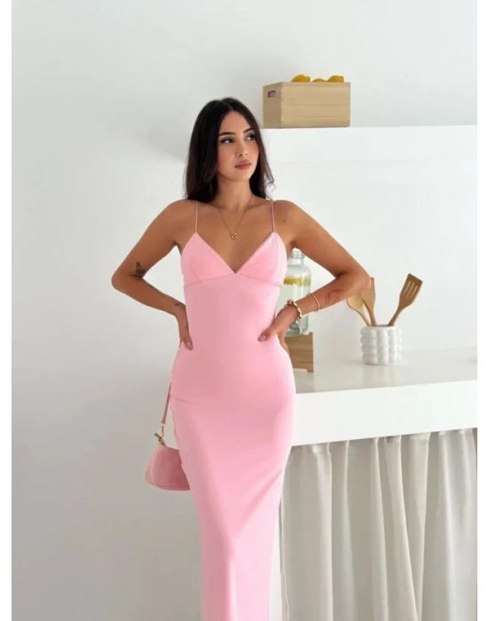 Askılı Uzun Elbise V Yaka Şık Gece Elbisesi Vücuda Oturan  Pembe