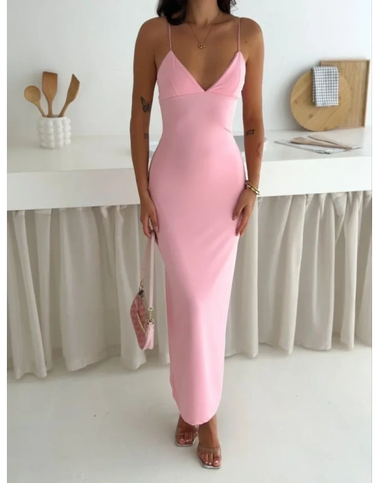 Askılı Uzun Elbise V Yaka Şık Gece Elbisesi Vücuda Oturan  Pembe