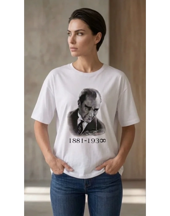 Atatürk Baskılı Tişört Kısa Kollu Bisiklet Yaka Thirt  Beyaz