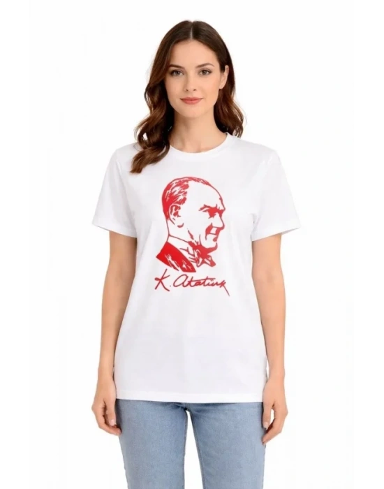Atatürk Baskılı Tişört Kısa Kollu Bisiklet Yaka Thirt  Beyaz
