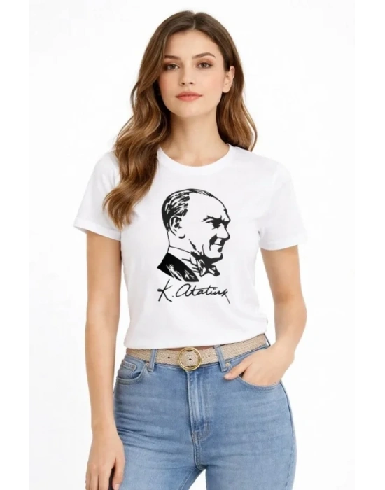 Atatürk Baskılı Tişört Kısa Kollu Bisiklet Yaka Thirt  Beyaz