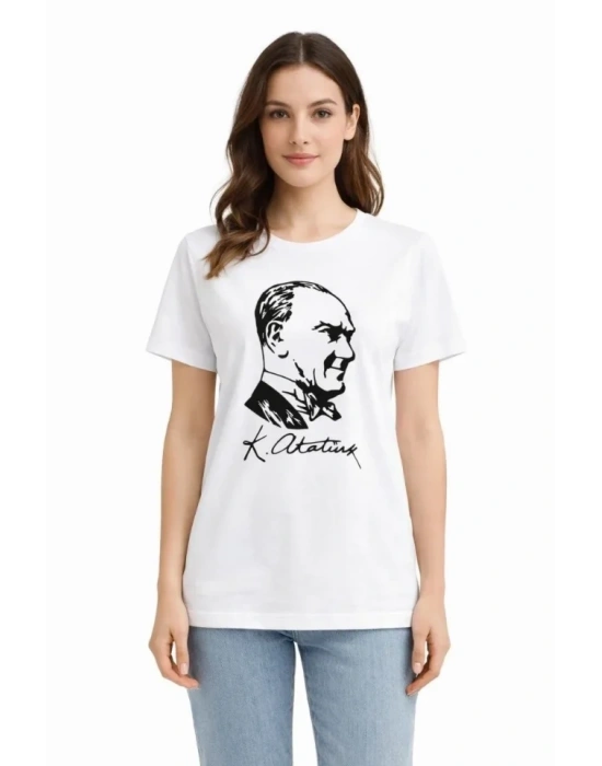 Atatürk Baskılı Tişört Kısa Kollu Bisiklet Yaka Thirt  Beyaz