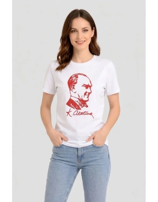 Atatürk Baskılı Tişört Kısa Kollu Bisiklet Yaka Thirt  Beyaz