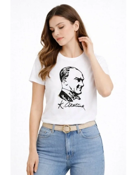 Atatürk Baskılı Tişört Kısa Kollu Bisiklet Yaka Thirt  Beyaz