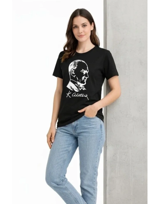 Atatürk Baskılı Tişört Kısa Kollu Bisiklet Yaka Thirt  iyah