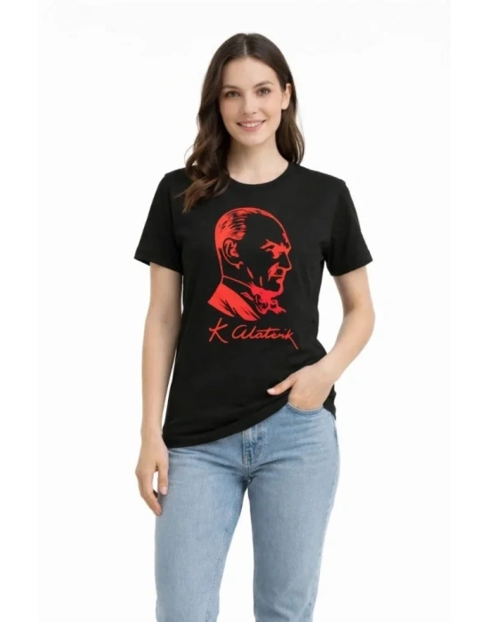 Atatürk Baskılı Tişört Kısa Kollu Bisiklet Yaka  Thirt  iyah